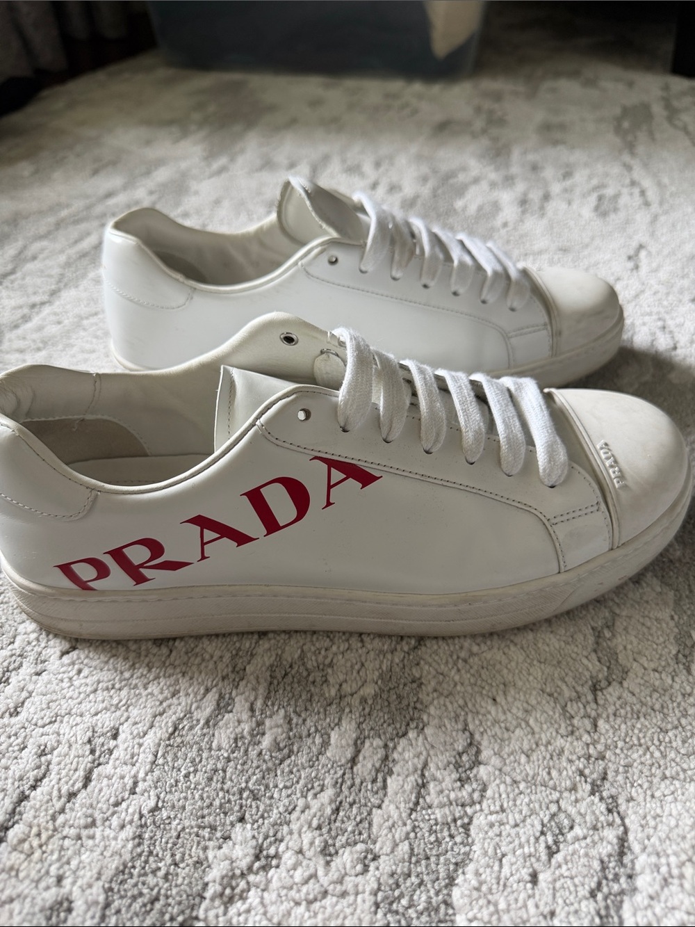 Authentic Prada White Leather Low-Top Sneakers with Red Logo